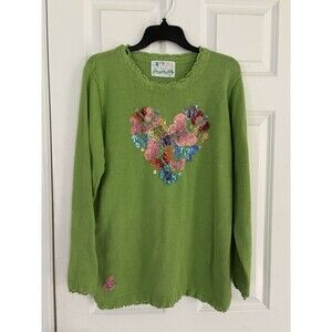 Vtg Quacker Factory Knit Sweater Butterflies Sequins Crocheted Trim Heart L
